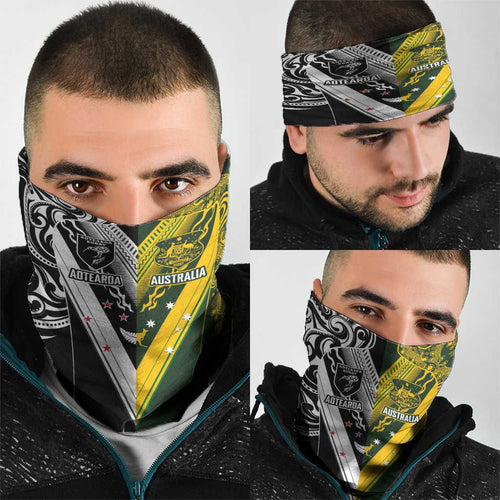 Aotearoa Australia Rugby Neck Gaiter Maori and Aboriginal Art Sporty Style - Aussie Hoodie