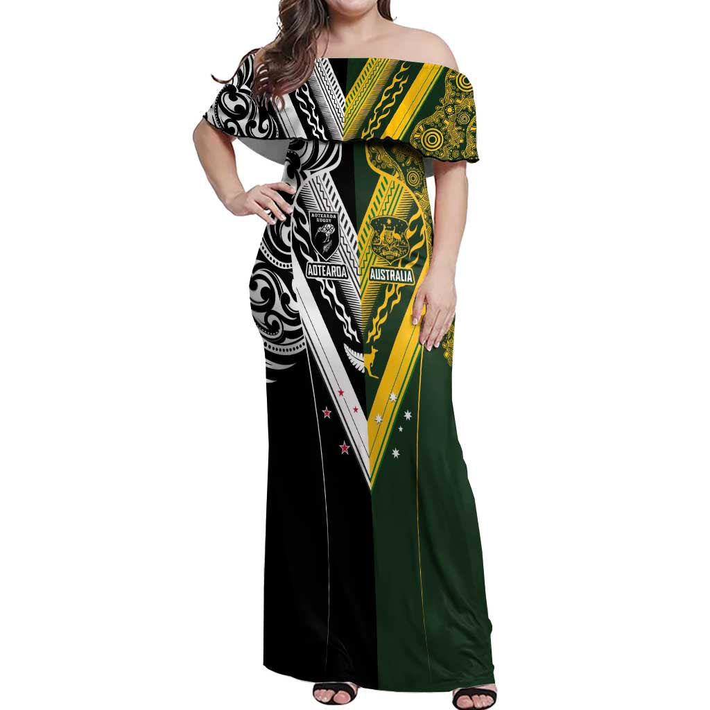 Aotearoa Australia Rugby Custom Off Shoulder Maxi Dress Maori and Aboriginal Art Sporty Style - Aussie Hoodie