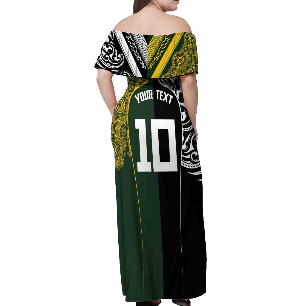 Aotearoa Australia Rugby Custom Off Shoulder Maxi Dress Maori and Aboriginal Art Sporty Style - Aussie Hoodie