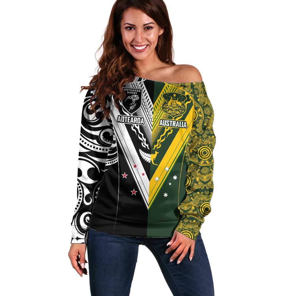 Aotearoa Australia Rugby Custom Off Shoulder Sweater Maori and Aboriginal Art Sporty Style - Aussie Hoodie