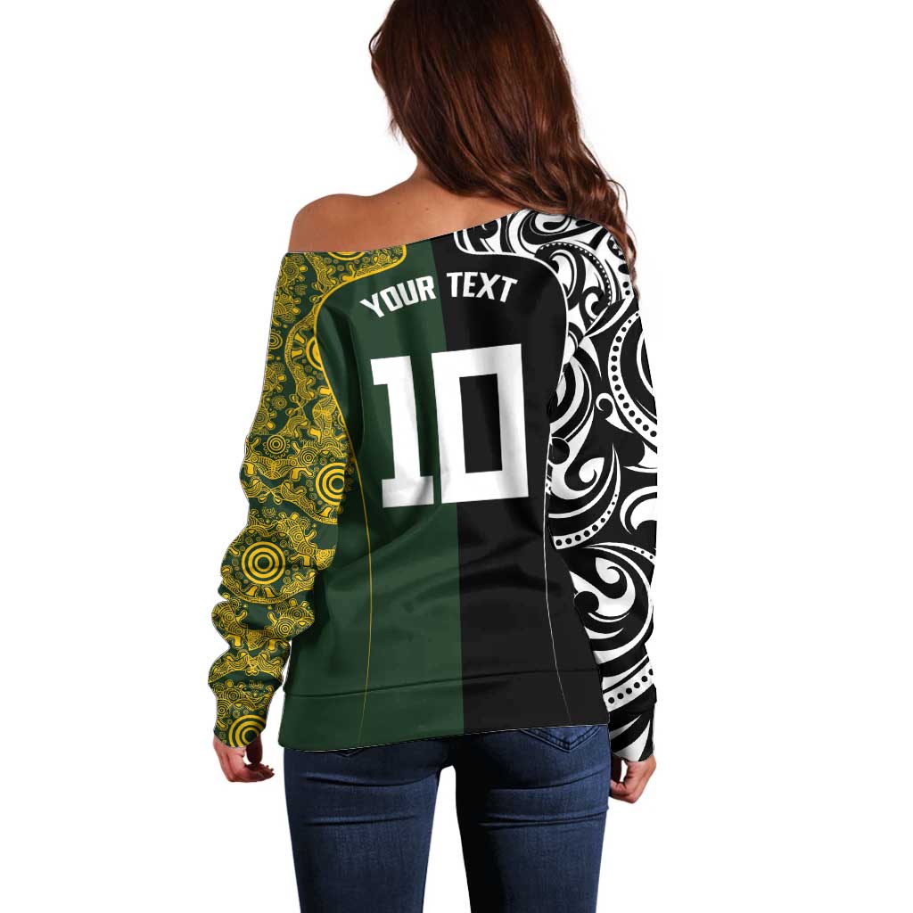 Aotearoa Australia Rugby Custom Off Shoulder Sweater Maori and Aboriginal Art Sporty Style - Aussie Hoodie