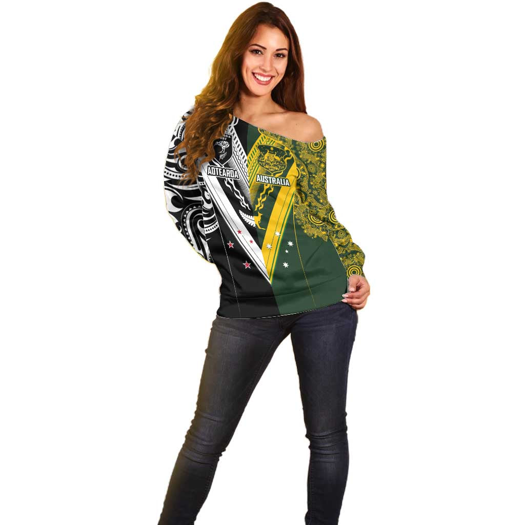 Aotearoa Australia Rugby Custom Off Shoulder Sweater Maori and Aboriginal Art Sporty Style - Aussie Hoodie