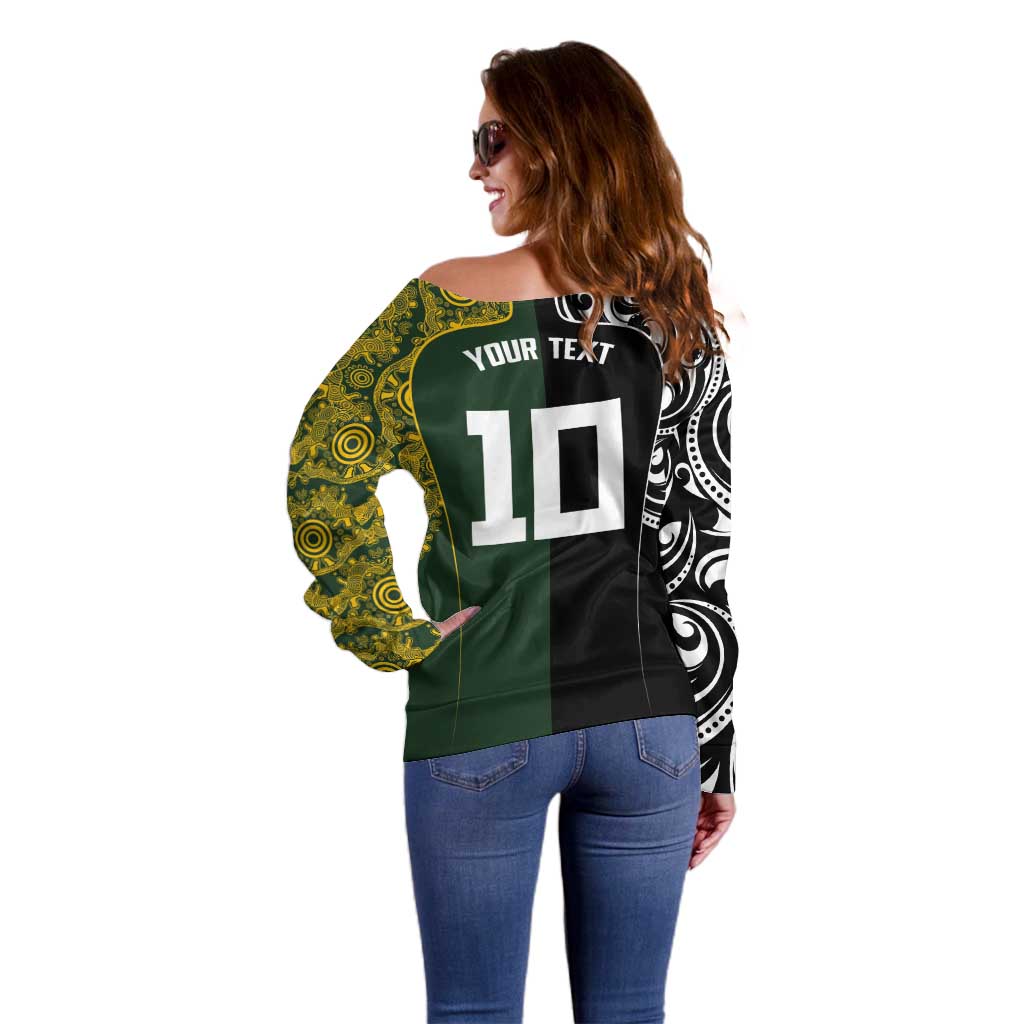 Aotearoa Australia Rugby Custom Off Shoulder Sweater Maori and Aboriginal Art Sporty Style - Aussie Hoodie