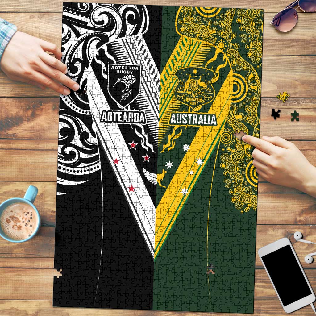 Aotearoa Australia Rugby Puzzle Maori and Aboriginal Art Sporty Style - Aussie Hoodie