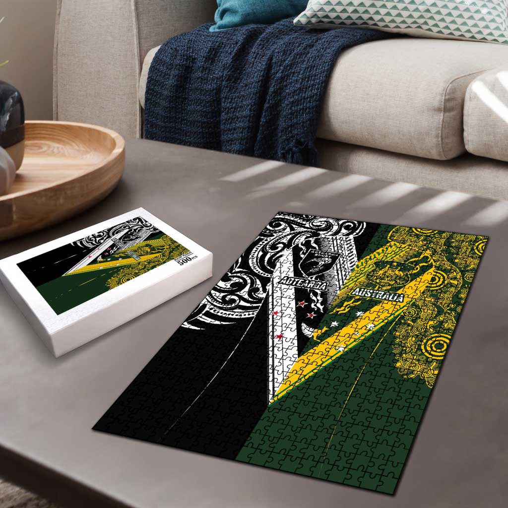 Aotearoa Australia Rugby Puzzle Maori and Aboriginal Art Sporty Style - Aussie Hoodie