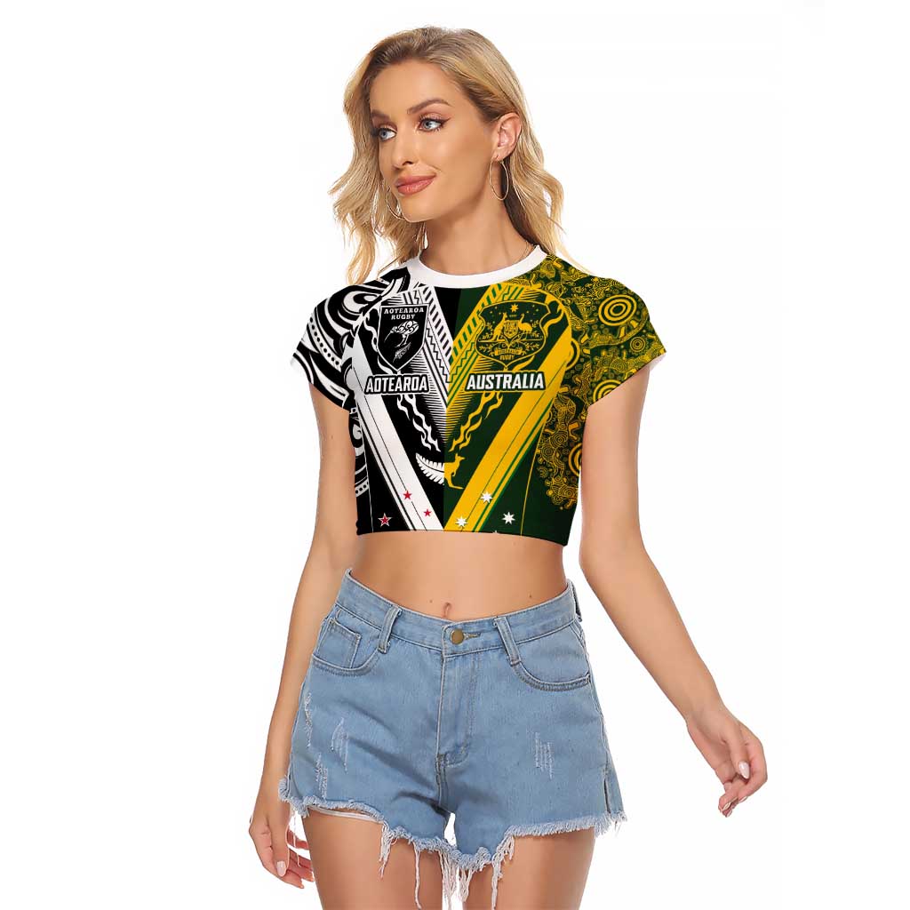 Aotearoa Australia Rugby Custom Raglan Cropped T Shirt Maori and Aboriginal Art Sporty Style - Aussie Hoodie