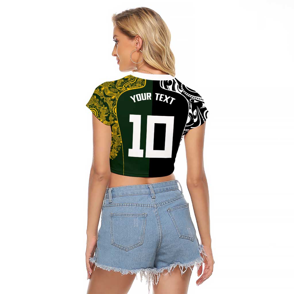 Aotearoa Australia Rugby Custom Raglan Cropped T Shirt Maori and Aboriginal Art Sporty Style - Aussie Hoodie