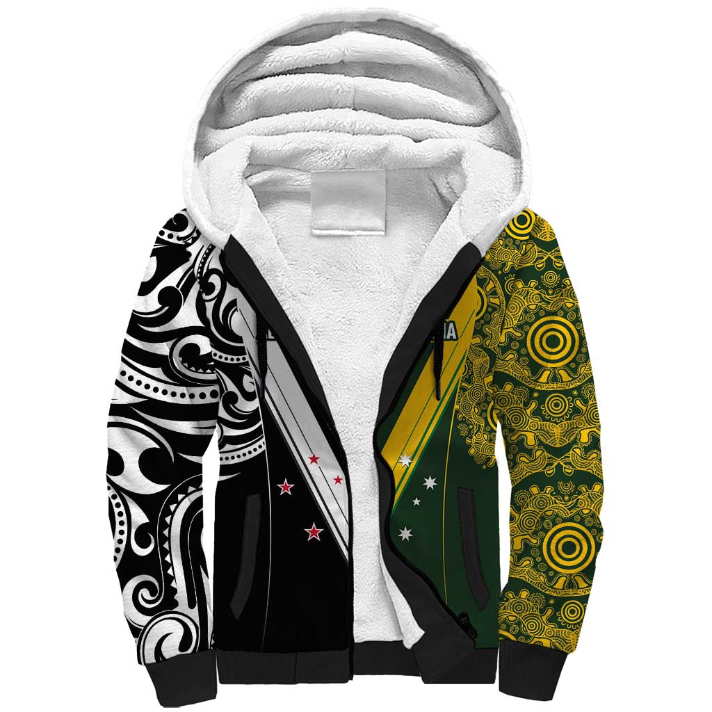 Aotearoa Australia Rugby Custom Sherpa Hoodie Maori and Aboriginal Art Sporty Style - Aussie Hoodie
