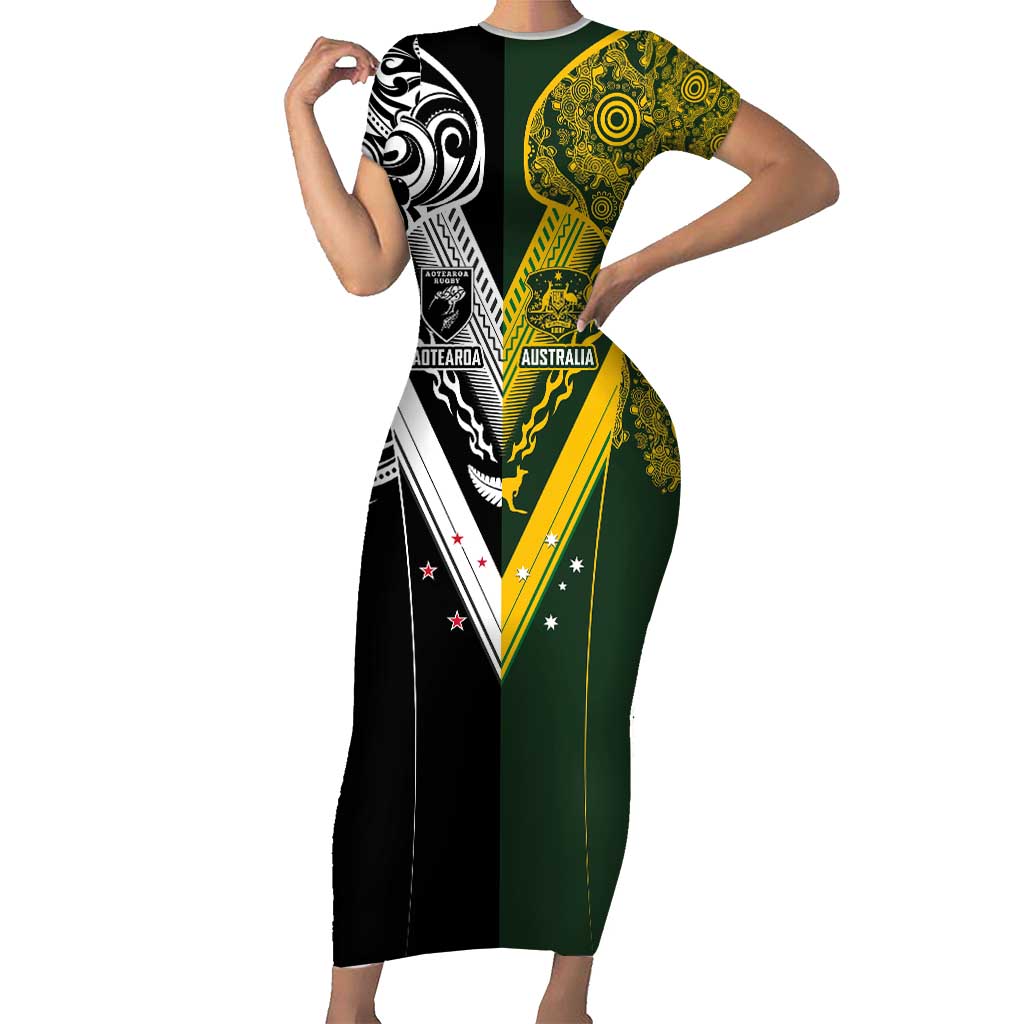 Aotearoa Australia Rugby Custom Short Sleeve Bodycon Dress Maori and Aboriginal Art Sporty Style - Aussie Hoodie