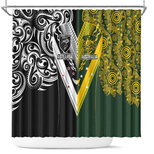 Aotearoa Australia Rugby Shower Curtain Maori and Aboriginal Art Sporty Style - Aussie Hoodie