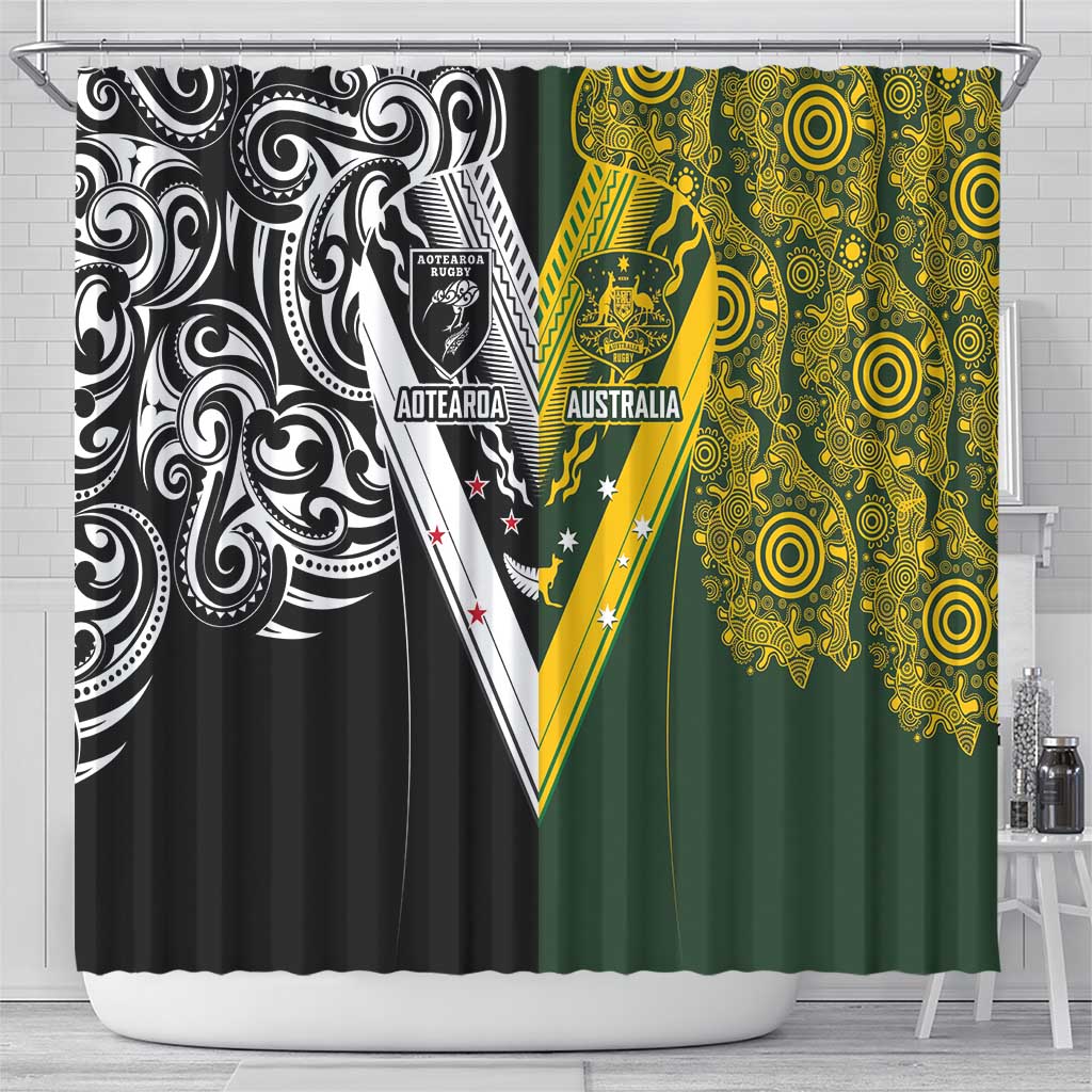 Aotearoa Australia Rugby Shower Curtain Maori and Aboriginal Art Sporty Style - Aussie Hoodie