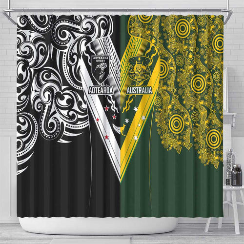 Aotearoa Australia Rugby Shower Curtain Maori and Aboriginal Art Sporty Style - Aussie Hoodie