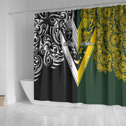 Aotearoa Australia Rugby Shower Curtain Maori and Aboriginal Art Sporty Style - Aussie Hoodie