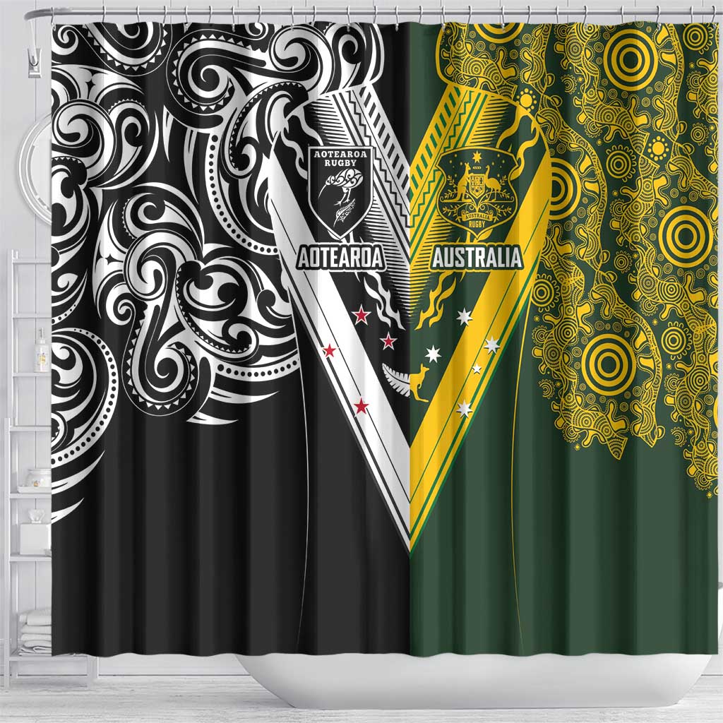 Aotearoa Australia Rugby Shower Curtain Maori and Aboriginal Art Sporty Style - Aussie Hoodie