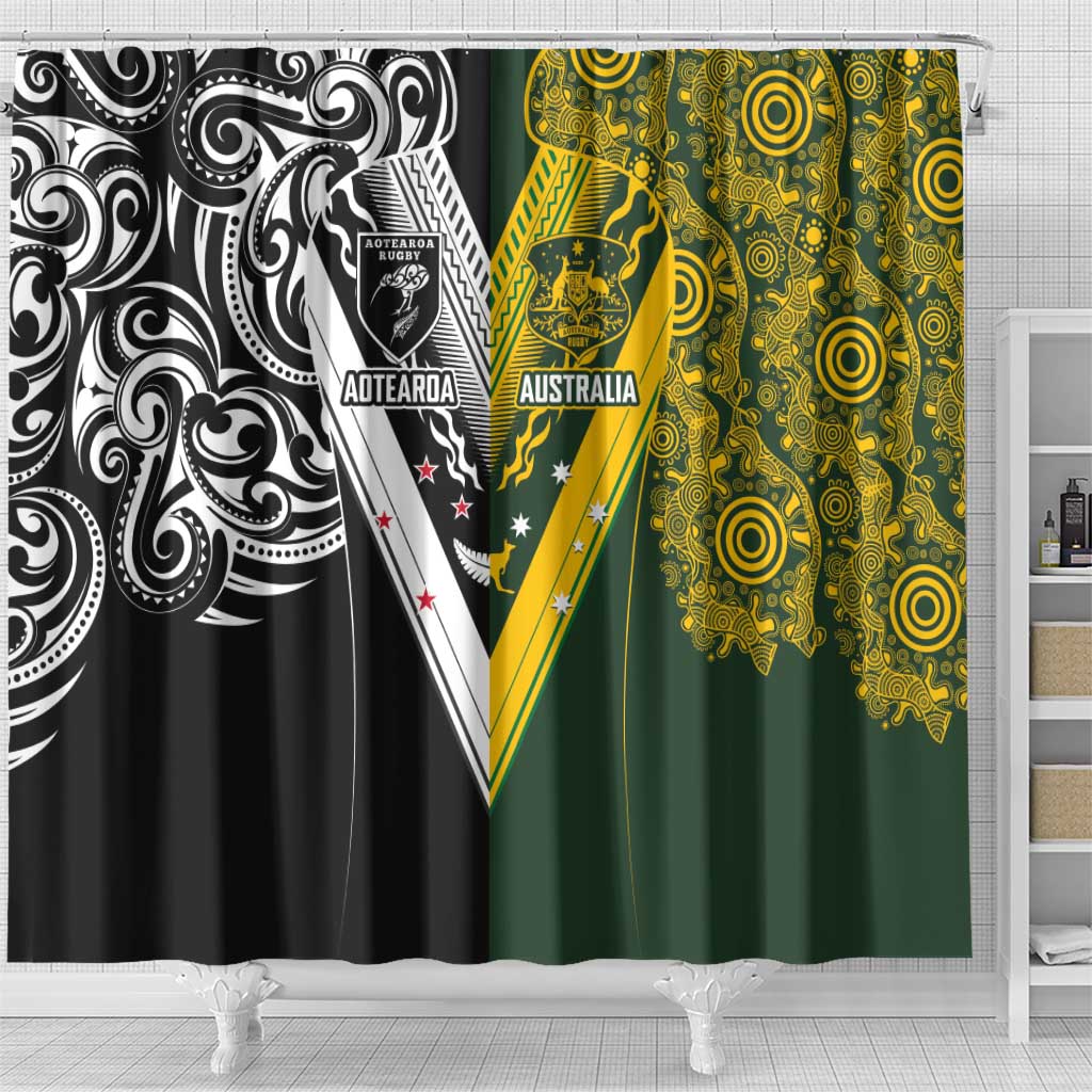 Aotearoa Australia Rugby Shower Curtain Maori and Aboriginal Art Sporty Style - Aussie Hoodie