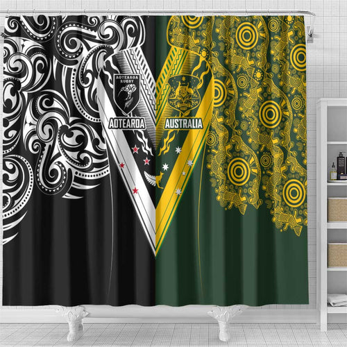 Aotearoa Australia Rugby Shower Curtain Maori and Aboriginal Art Sporty Style - Aussie Hoodie