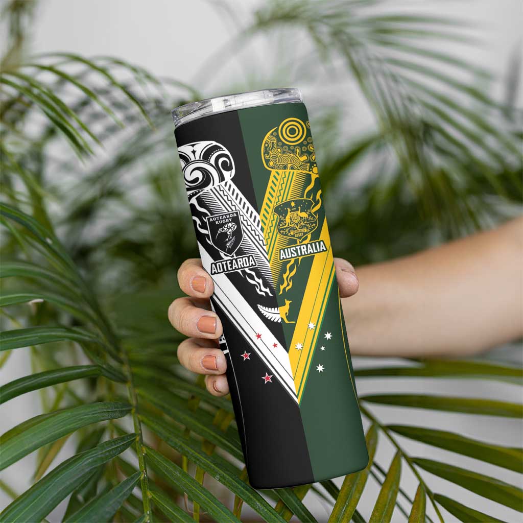 Aotearoa Australia Rugby Custom Skinny Tumbler Maori and Aboriginal Art Sporty Style - Aussie Hoodie