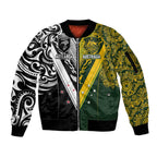 Aotearoa Australia Rugby Custom Sleeve Zip Bomber Jacket Maori and Aboriginal Art Sporty Style - Aussie Hoodie