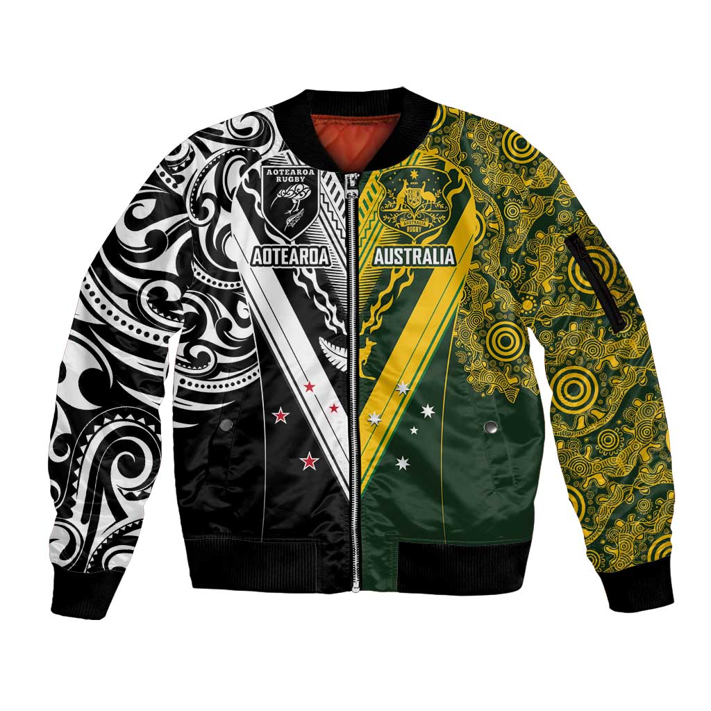 Aotearoa Australia Rugby Custom Sleeve Zip Bomber Jacket Maori and Aboriginal Art Sporty Style - Aussie Hoodie