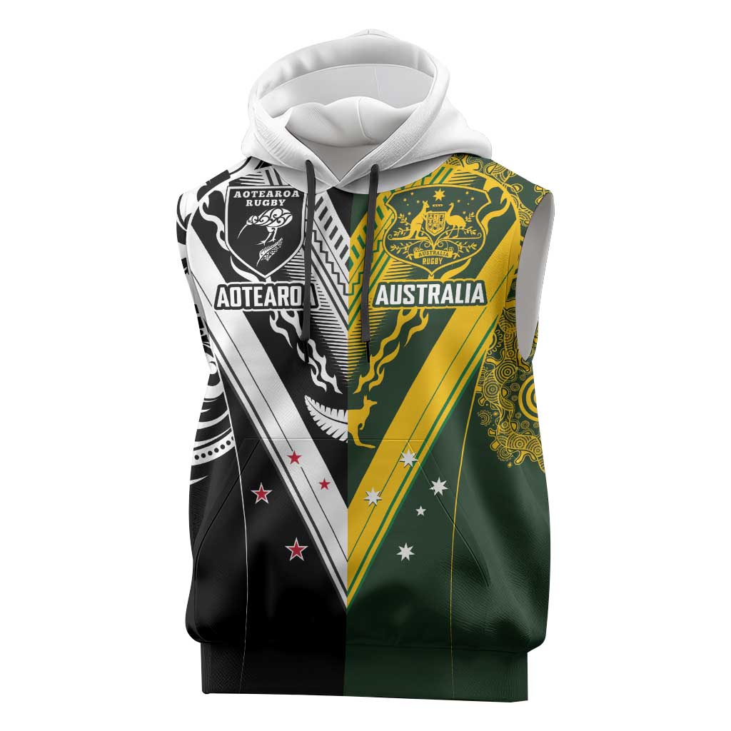 Aotearoa Australia Rugby Custom Sleeveless Hoodie Maori and Aboriginal Art Sporty Style - Aussie Hoodie