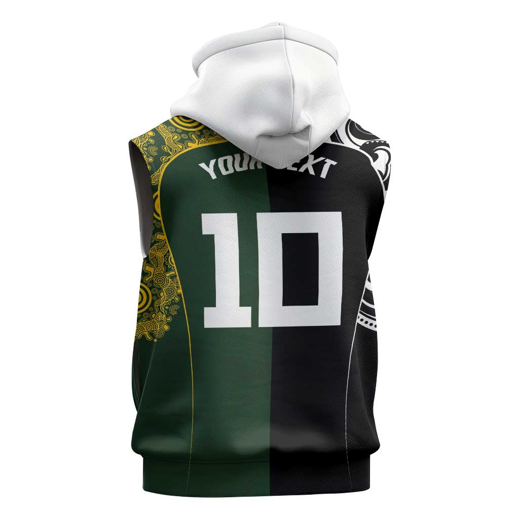 Aotearoa Australia Rugby Custom Sleeveless Hoodie Maori and Aboriginal Art Sporty Style - Aussie Hoodie
