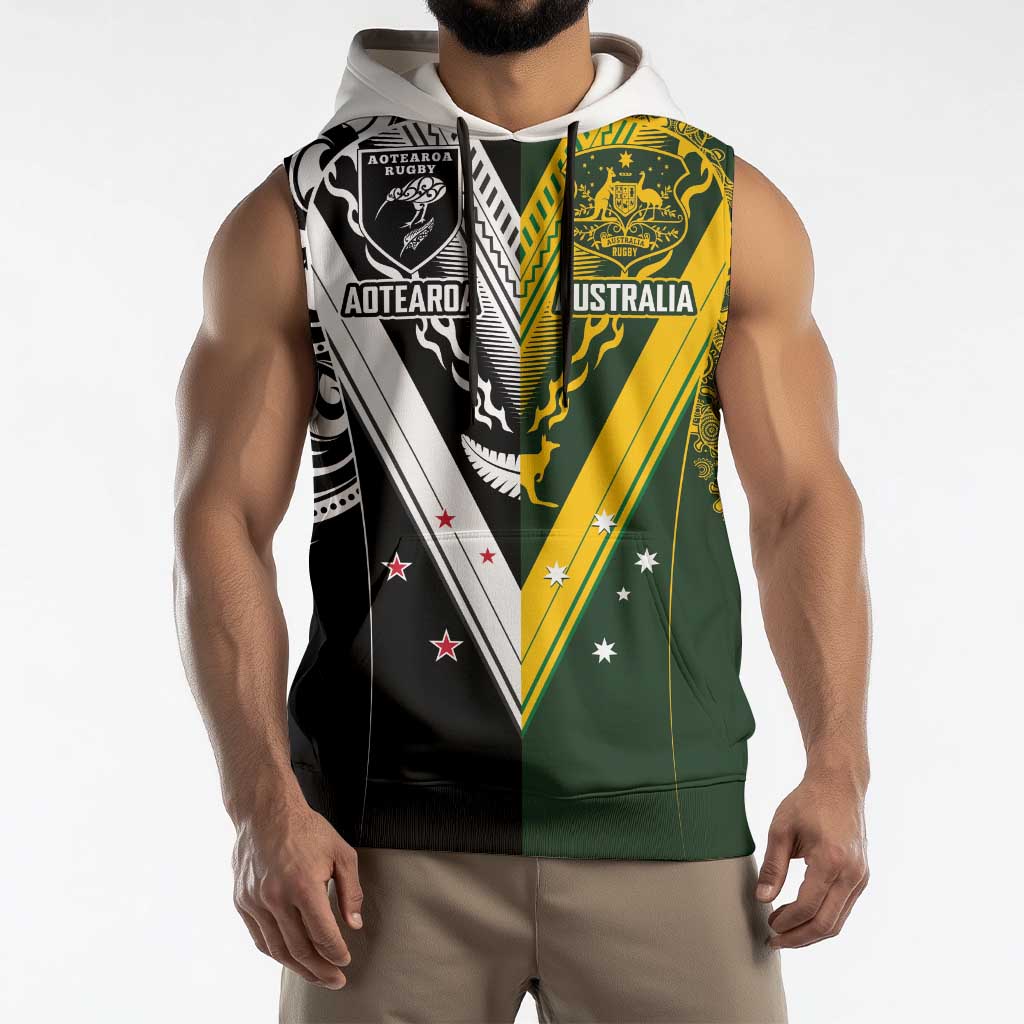 Aotearoa Australia Rugby Custom Sleeveless Hoodie Maori and Aboriginal Art Sporty Style - Aussie Hoodie