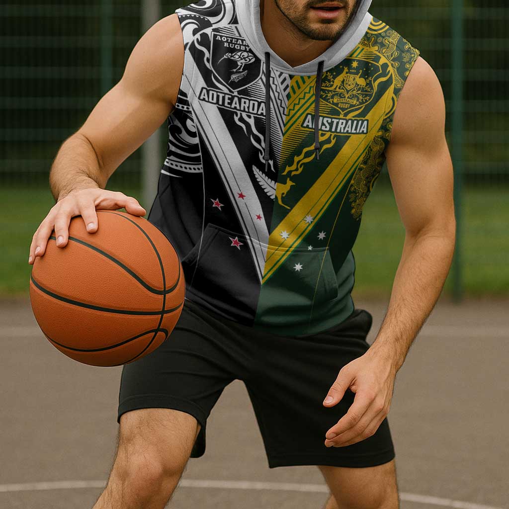Aotearoa Australia Rugby Custom Sleeveless Hoodie Maori and Aboriginal Art Sporty Style - Aussie Hoodie