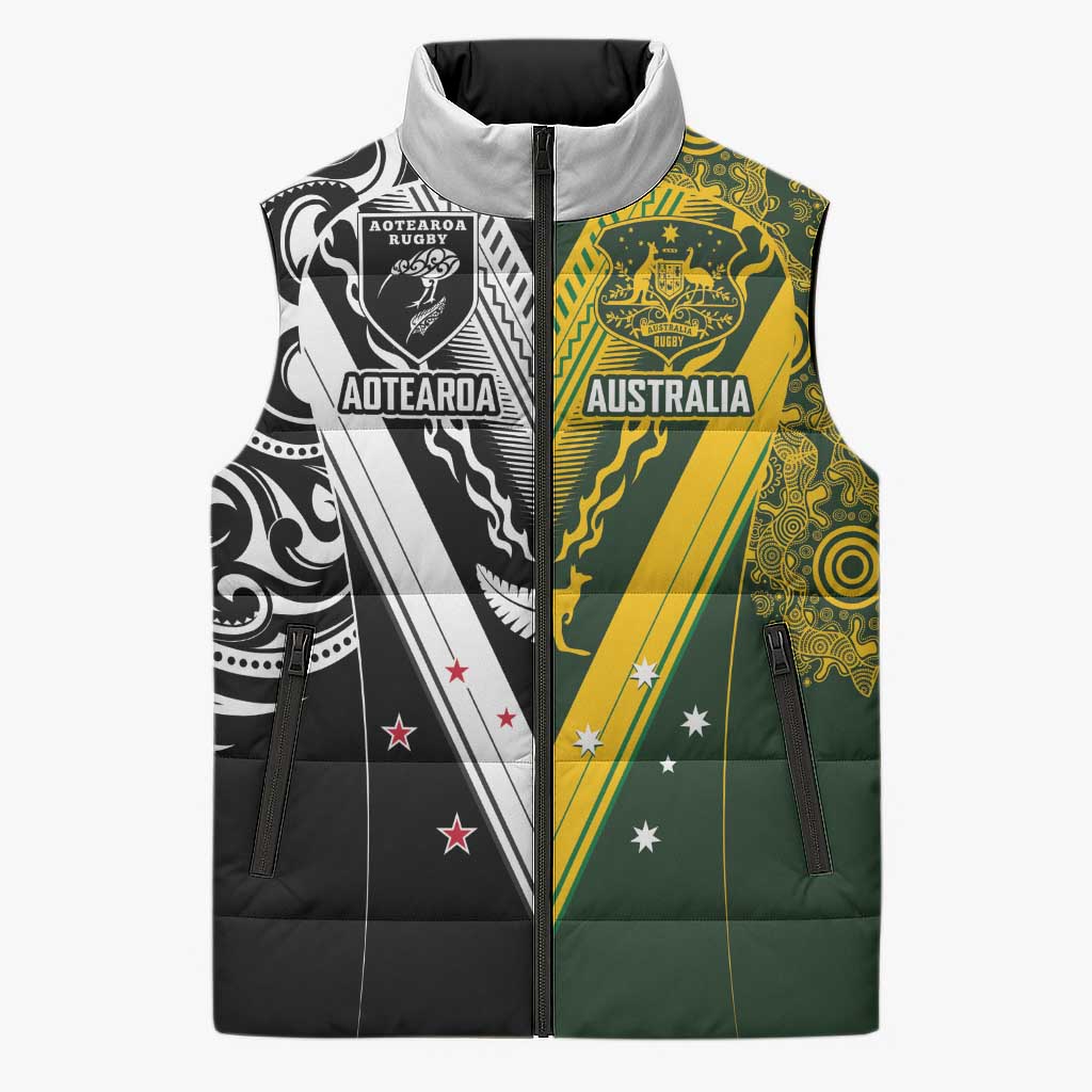 Aotearoa Australia Rugby Custom Sleeveless Puffer Jacket Maori and Aboriginal Art Sporty Style - Aussie Hoodie