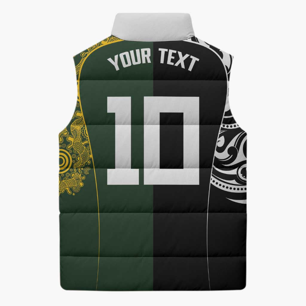 Aotearoa Australia Rugby Custom Sleeveless Puffer Jacket Maori and Aboriginal Art Sporty Style - Aussie Hoodie