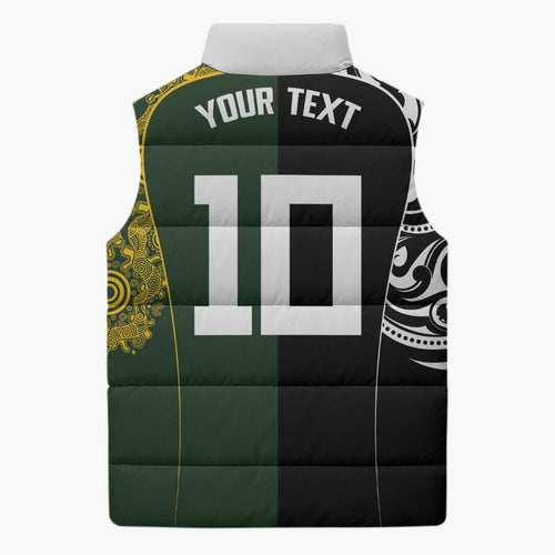 Aotearoa Australia Rugby Custom Sleeveless Puffer Jacket Maori and Aboriginal Art Sporty Style - Aussie Hoodie