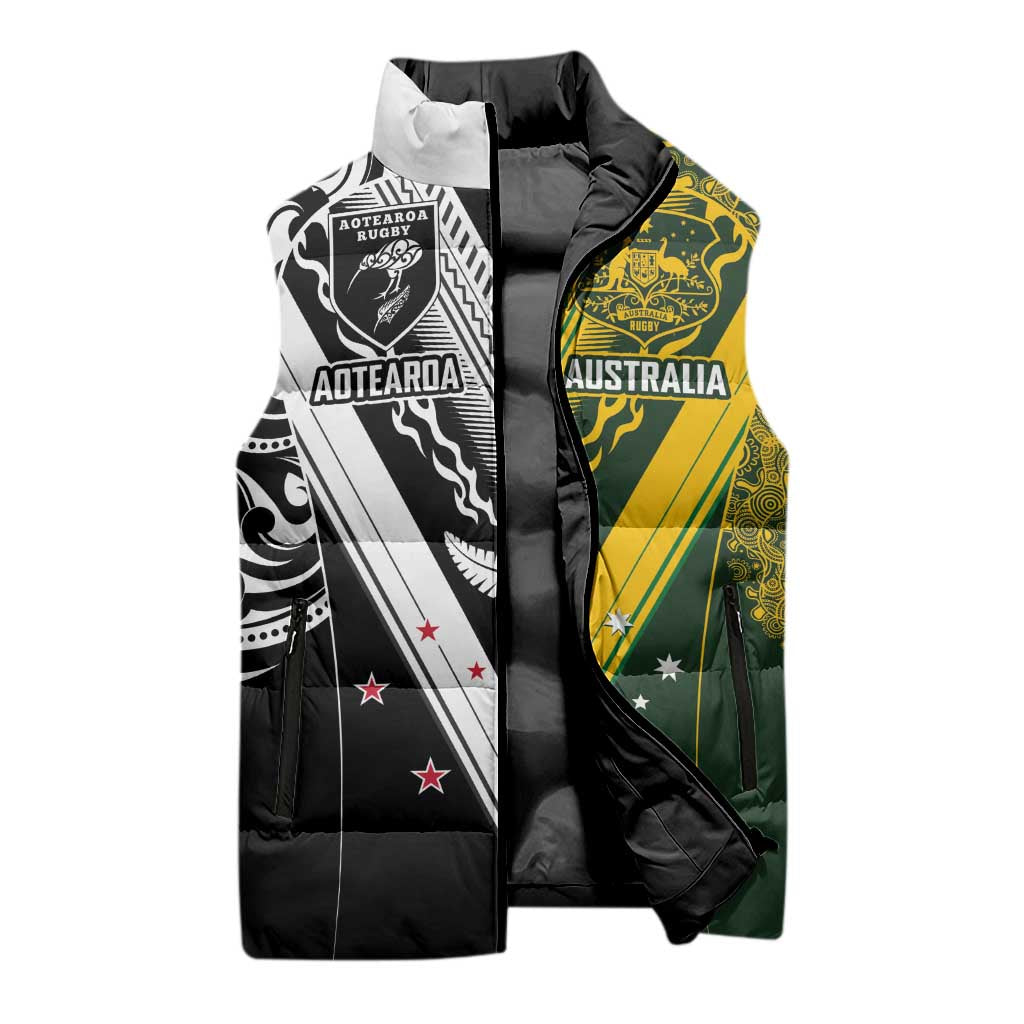 Aotearoa Australia Rugby Custom Sleeveless Puffer Jacket Maori and Aboriginal Art Sporty Style - Aussie Hoodie