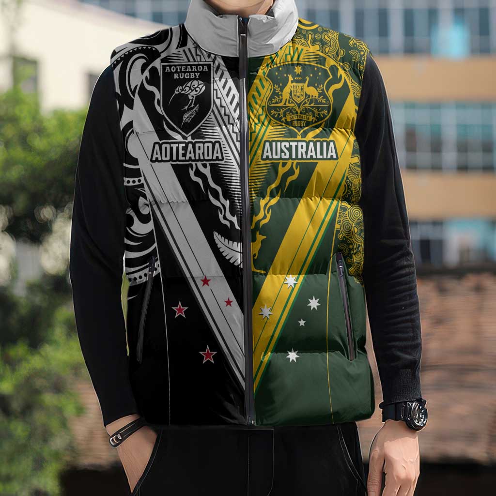 Aotearoa Australia Rugby Custom Sleeveless Puffer Jacket Maori and Aboriginal Art Sporty Style - Aussie Hoodie