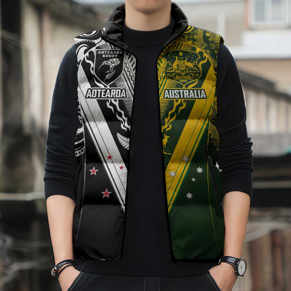 Aotearoa Australia Rugby Custom Sleeveless Puffer Jacket Maori and Aboriginal Art Sporty Style - Aussie Hoodie