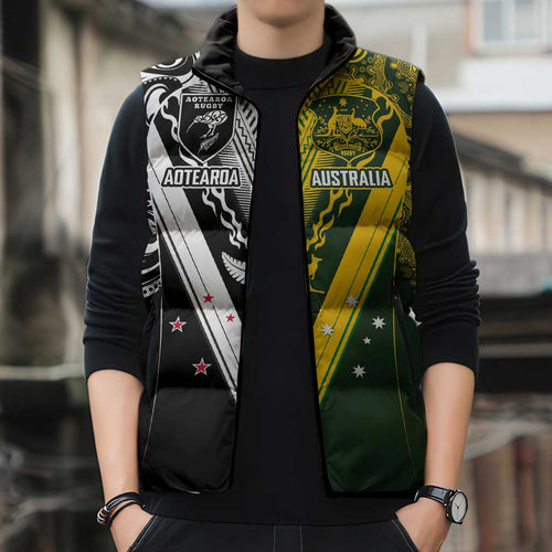 Aotearoa Australia Rugby Custom Sleeveless Puffer Jacket Maori and Aboriginal Art Sporty Style - Aussie Hoodie