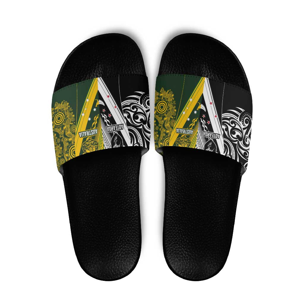 Aotearoa Australia Rugby Slide Sandals Maori and Aboriginal Art Sporty Style - Aussie Hoodie