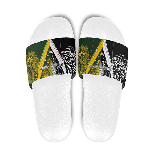 Aotearoa Australia Rugby Slide Sandals Maori and Aboriginal Art Sporty Style - Aussie Hoodie