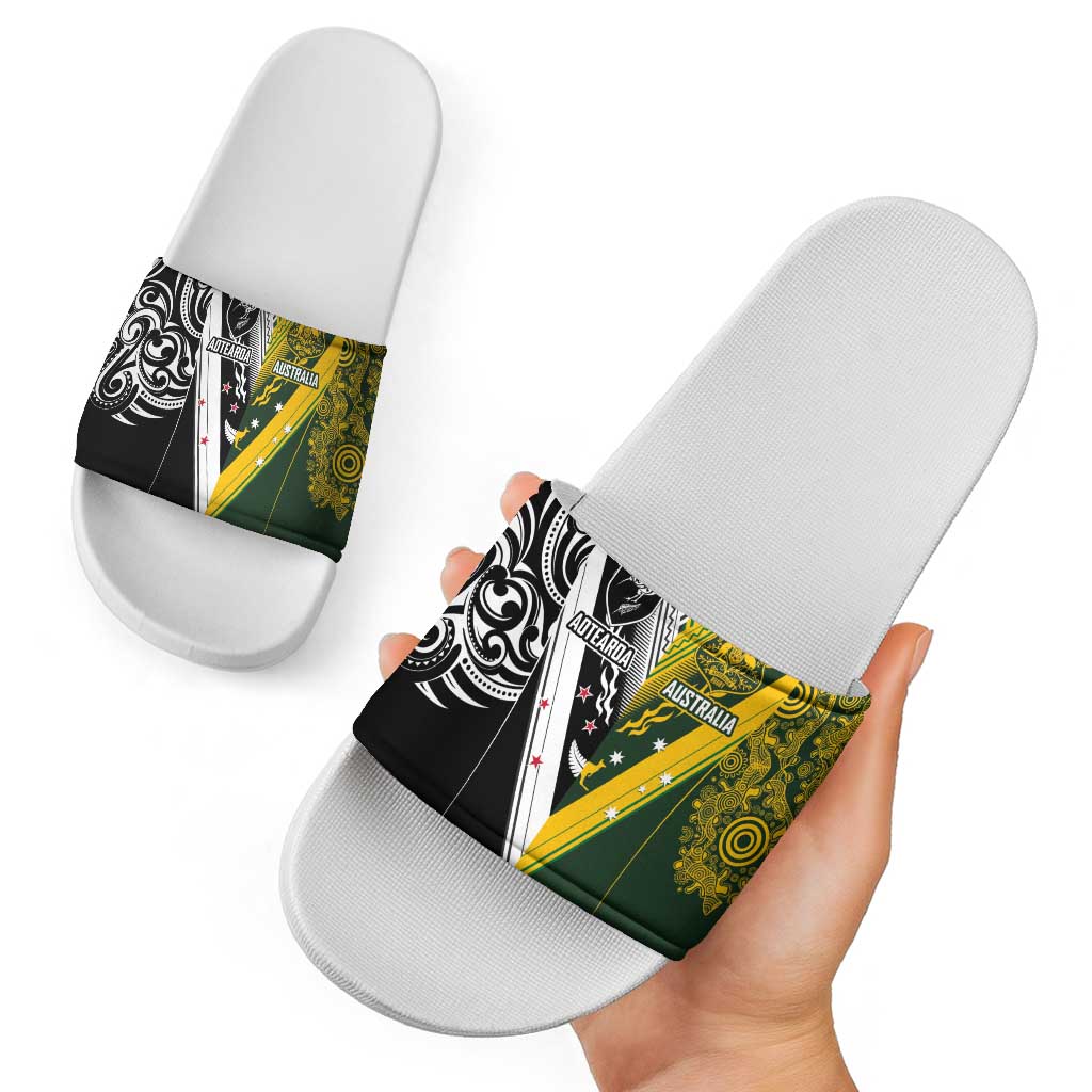 Aotearoa Australia Rugby Slide Sandals Maori and Aboriginal Art Sporty Style - Aussie Hoodie