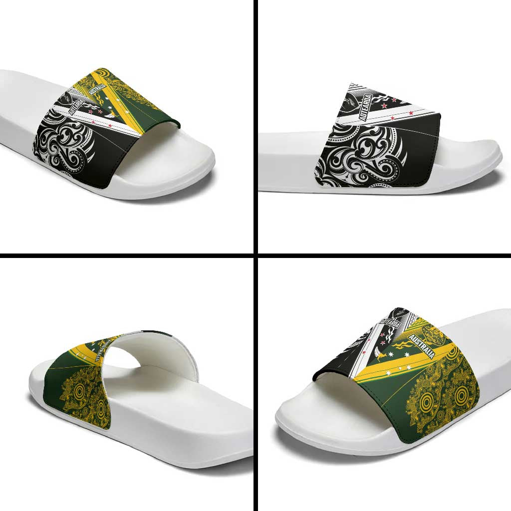 Aotearoa Australia Rugby Slide Sandals Maori and Aboriginal Art Sporty Style - Aussie Hoodie