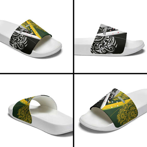 Aotearoa Australia Rugby Slide Sandals Maori and Aboriginal Art Sporty Style - Aussie Hoodie
