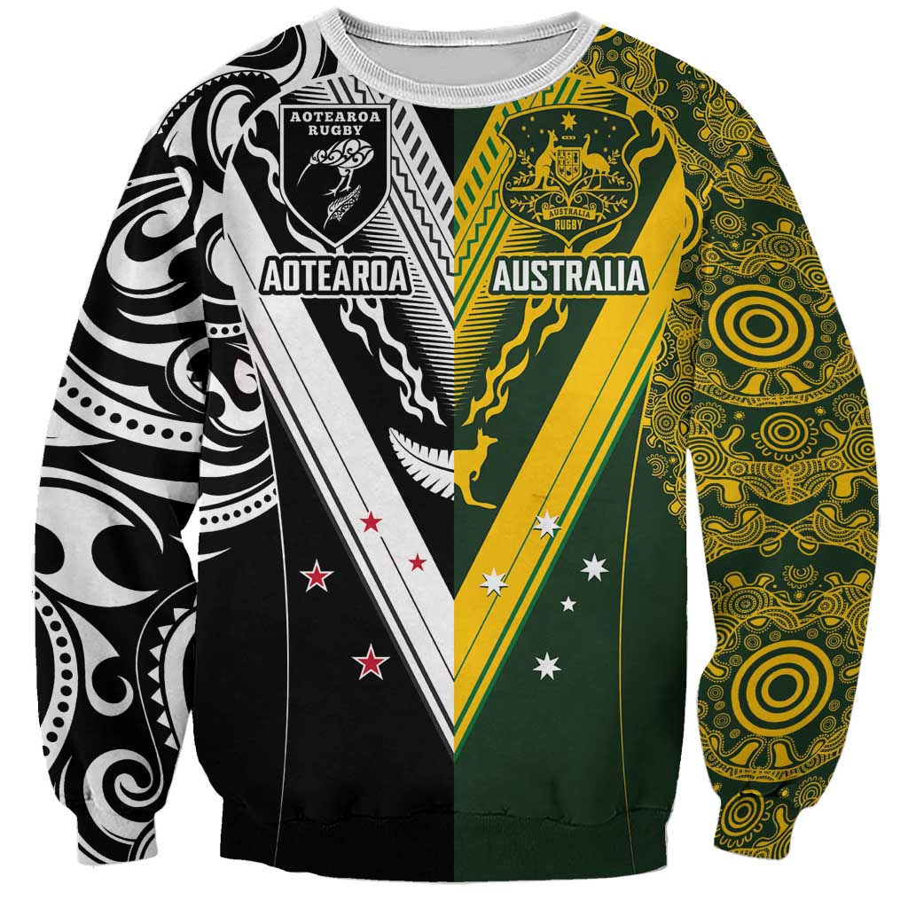 Aotearoa Australia Rugby Custom Sweatshirt Maori and Aboriginal Art Sporty Style - Aussie Hoodie