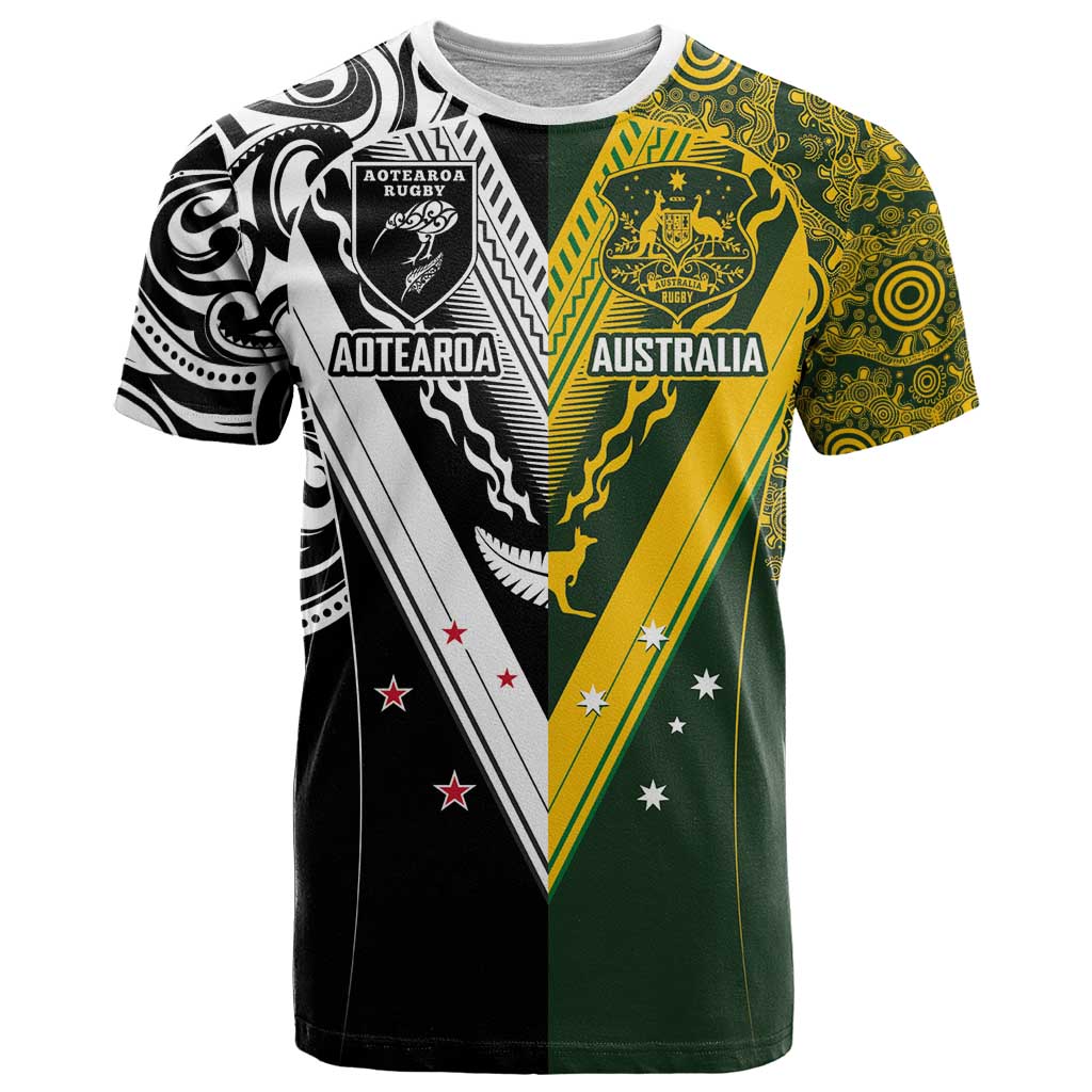 Aotearoa Australia Rugby Custom T Shirt Maori and Aboriginal Art Sporty Style - Aussie Hoodie
