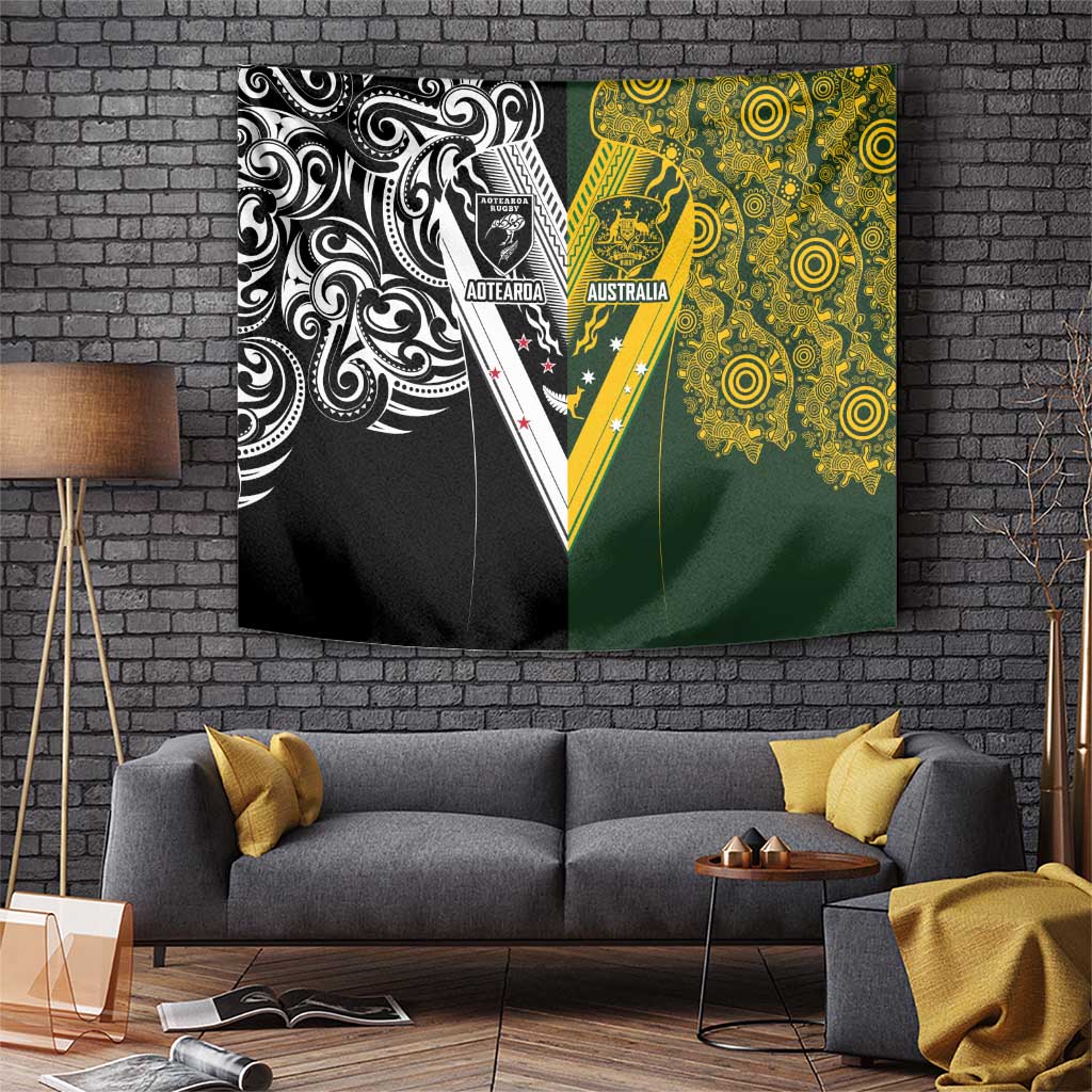 Aotearoa Australia Rugby Tapestry Maori and Aboriginal Art Sporty Style - Aussie Hoodie