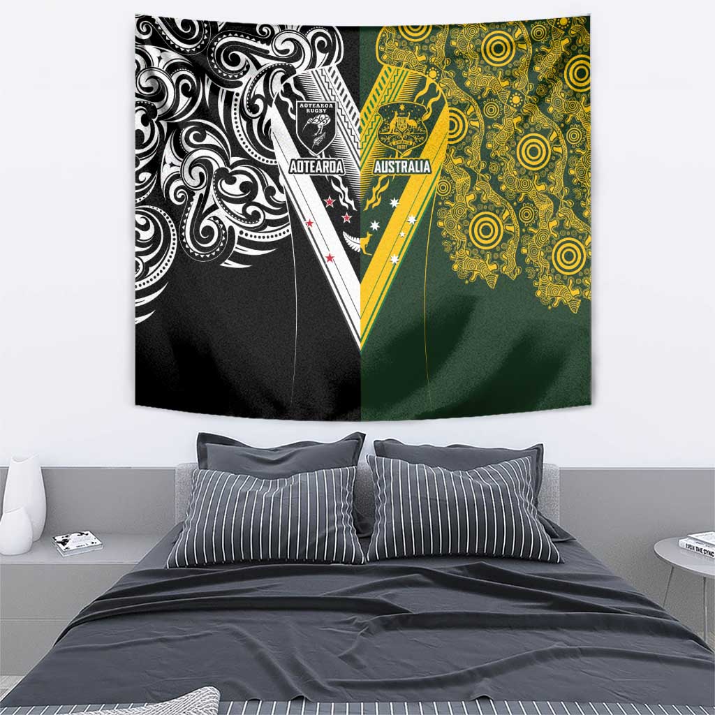 Aotearoa Australia Rugby Tapestry Maori and Aboriginal Art Sporty Style - Aussie Hoodie