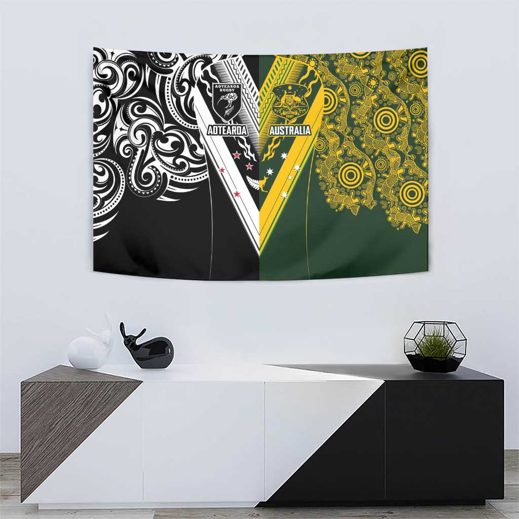 Aotearoa Australia Rugby Tapestry Maori and Aboriginal Art Sporty Style - Aussie Hoodie