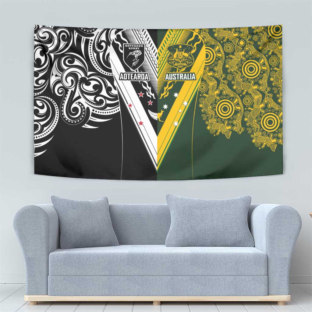 Aotearoa Australia Rugby Tapestry Maori and Aboriginal Art Sporty Style - Aussie Hoodie