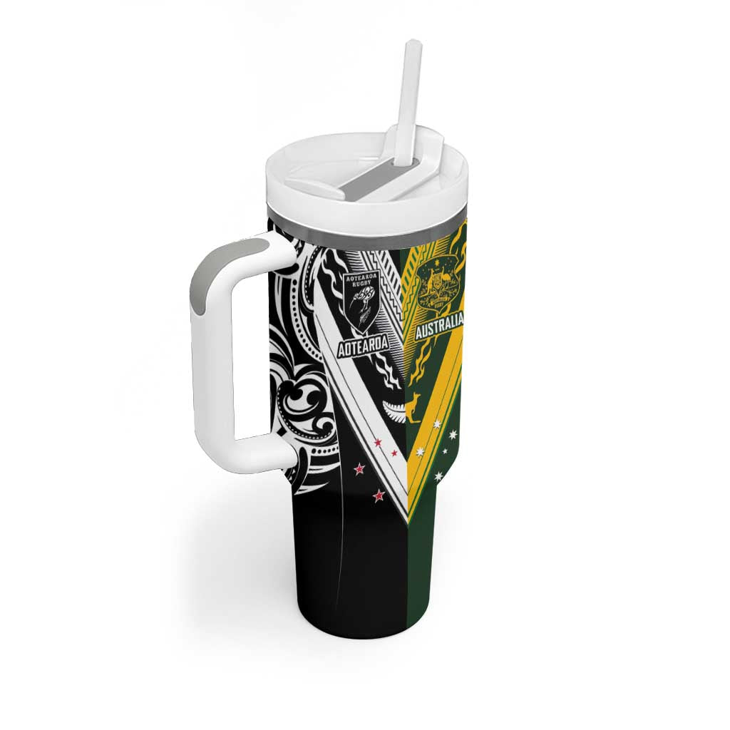 Aotearoa Australia Rugby Custom Tumbler With Handle Maori and Aboriginal Art Sporty Style - Aussie Hoodie