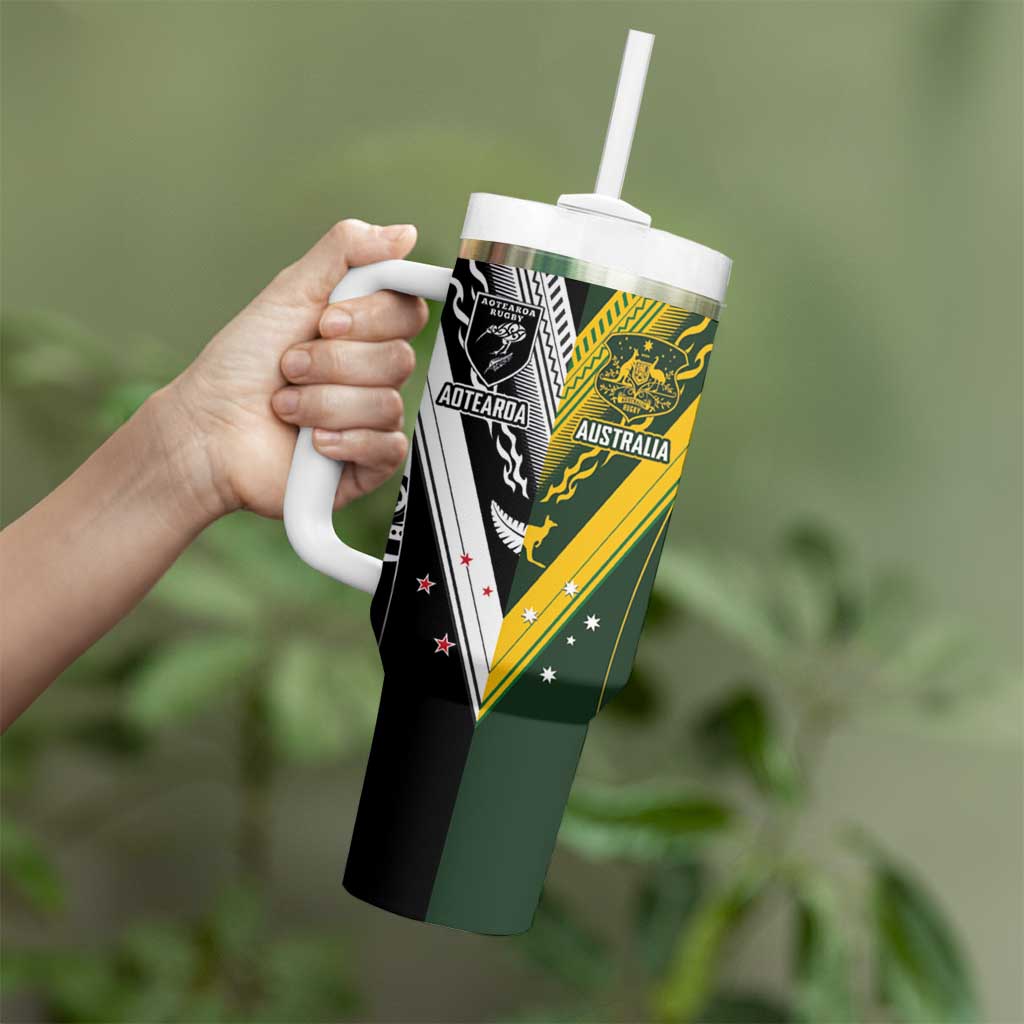 Aotearoa Australia Rugby Custom Tumbler With Handle Maori and Aboriginal Art Sporty Style - Aussie Hoodie