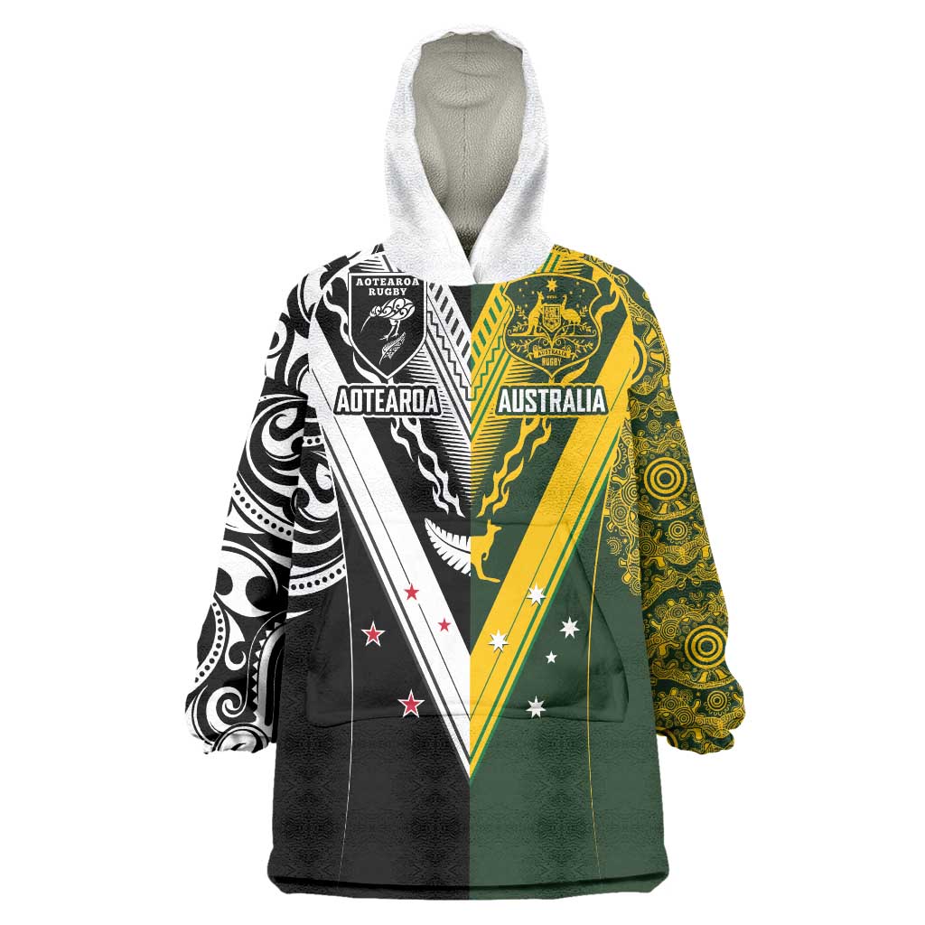 Aotearoa Australia Rugby Custom Wearable Blanket Hoodie Maori and Aboriginal Art Sporty Style - Aussie Hoodie