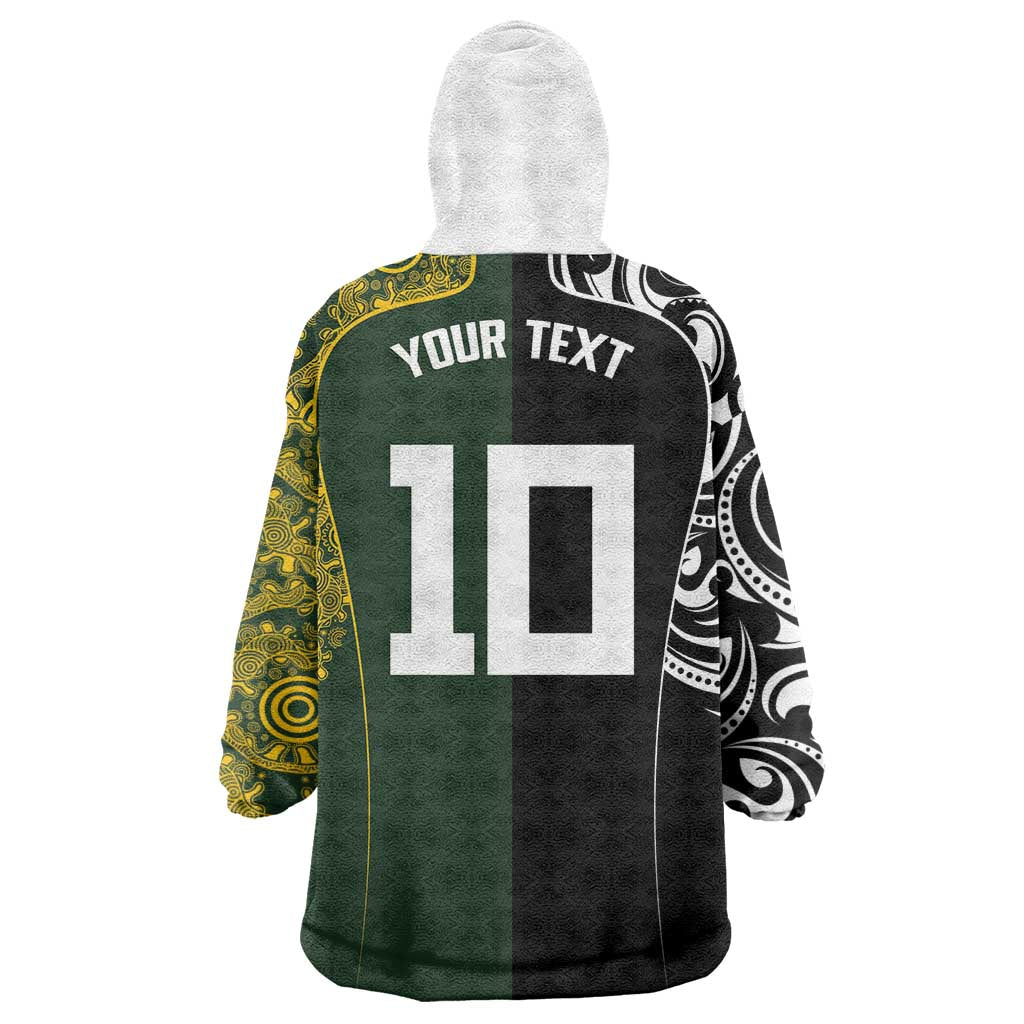Aotearoa Australia Rugby Custom Wearable Blanket Hoodie Maori and Aboriginal Art Sporty Style - Aussie Hoodie
