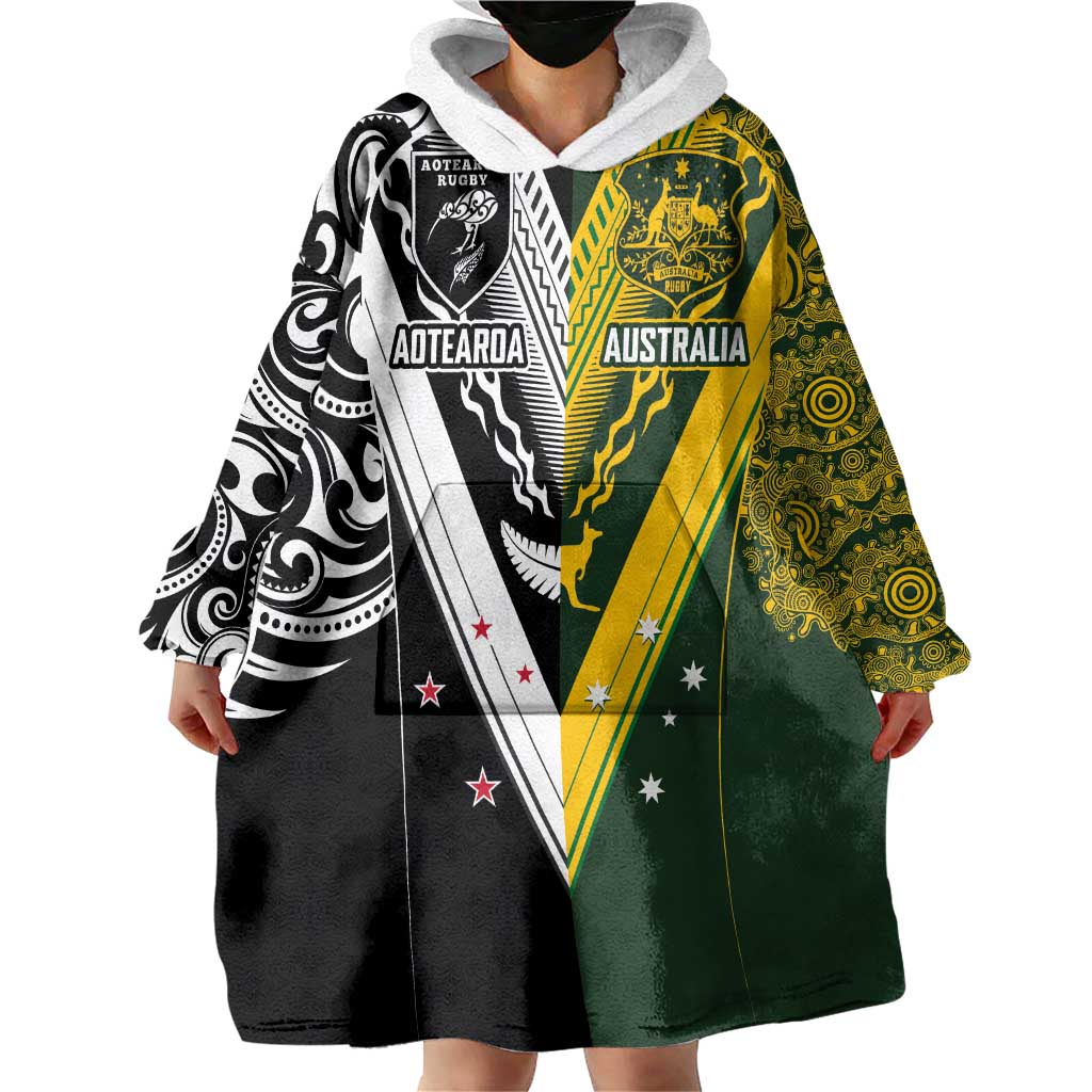 Aotearoa Australia Rugby Custom Wearable Blanket Hoodie Maori and Aboriginal Art Sporty Style - Aussie Hoodie